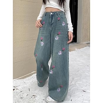 MEOKIM Women's Denim Pants Y2K Jeans Retro Embroidered